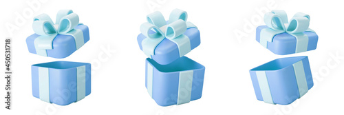 3d blue open gift box set with pastel ribbon bow isolated on a white background. 3d render flying modern holiday open surprise box. Realistic vector icon for present, birthday or wedding banners