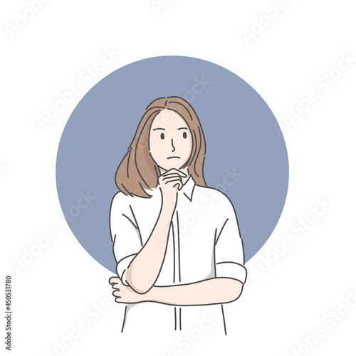 Worry woman crossing arms and thinking, Woman feeling bored or tired. Hand drawn character vector style.