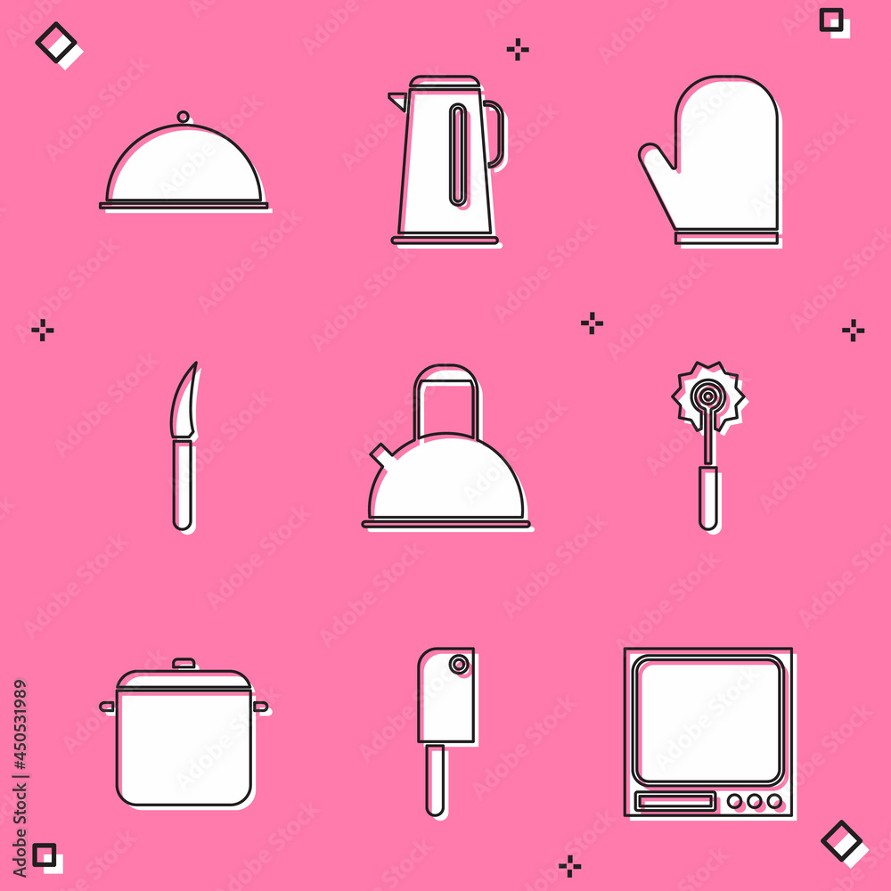 Set Covered with tray, Kettle handle, Oven glove, Knife, Pizza knife, Cooking pot and Meat chopper icon. Vector Set Covered with tray, Kettle handle, Oven glove, Knife, Pizza knife, Cooking pot and Meat chopper icon. Vector