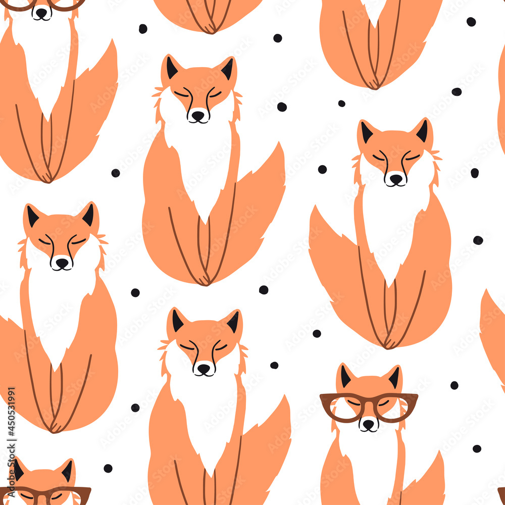 Seamless pattern with cute fox and glasses