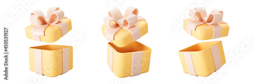 3d orange open gift box set with pastel ribbon bow isolated on a white background. 3d render flying modern holiday open surprise box. Realistic vector icon for present, birthday or wedding banners
