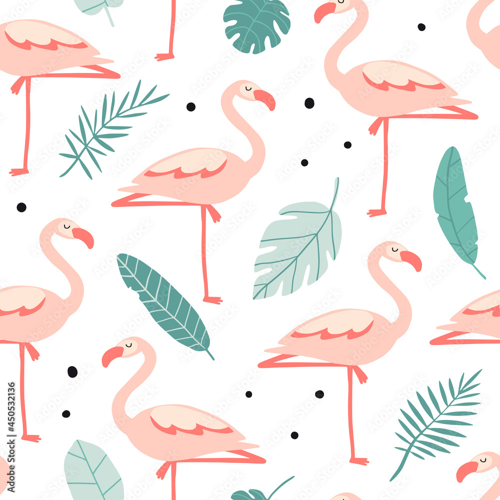 Obraz premium Seamless pattern with cute pink flamingo