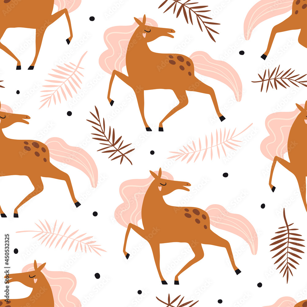 Seamless pattern with cute horses and plants Seamless pattern with cute horses and plants