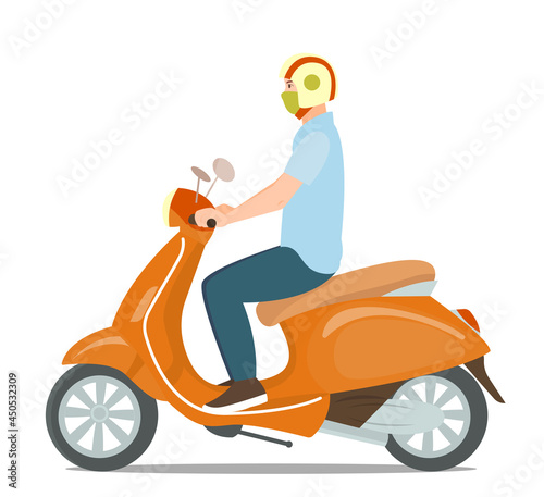 A man or a guy in a helmet rides a scooter or bike. The concept of sustainable transport, active lifestyle, millennial generation. Vector illustration
