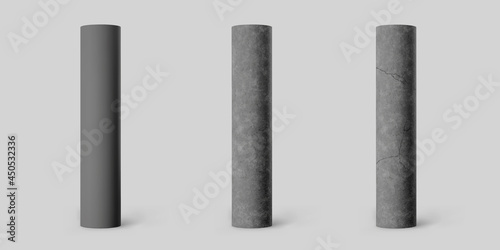 Black concrete cylindrical columns with cracks set isolated on grey background. Realistic dark cement 3d pillar for modern room interior or bridge construction. Vector textured concrete pole base photo