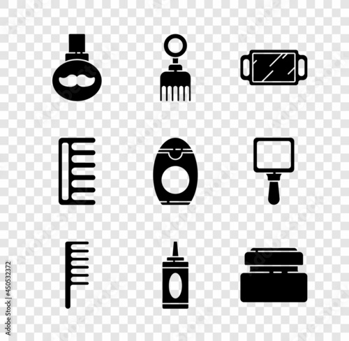 Set Beard and mustaches care oil bottle, Hairbrush, Hand mirror, Bottle of shampoo, Cream lotion cosmetic tube, and icon. Vector