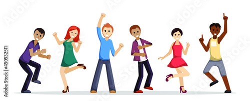 Group of people happily dancing illustration. Cheerful young women and men jump up and clap their hands an gala party birthday celebration and relaxation in music club. Vector cartoon fun.