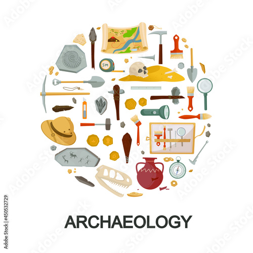 Archaeological ancient finds and excavation tools set. Bones and tools of primitive people pick with brushes hammer prehistoric tools with dinosaur skull old gold coins map. Vector research.