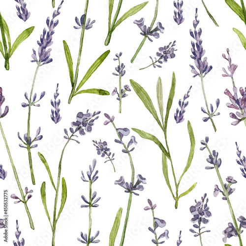 Square seamless pattern with watercolor lavender flowers. Hand painted clip art lavender bloom on twigs. Fabric textile pattern.  © Daria Doroshchuk
