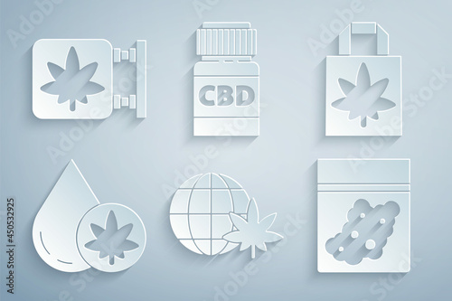 Set Legalize marijuana globe, Shopping paper bag of, Marijuana or cannabis olive oil, Plastic, Medical bottle with and and store icon. Vector