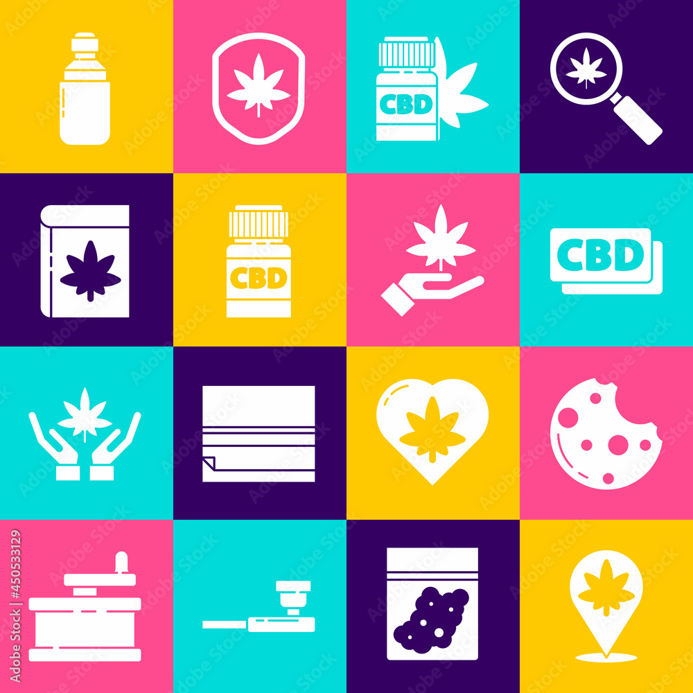 Set Location and marijuana, Cookies with, Cannabis molecule, Medical bottle, cannabis, Book or, Marijuana olive oil and leaf icon. Vector Set Location and marijuana, Cookies with, Cannabis molecule, Medical bottle, cannabis, Book or, Marijuana olive oil and leaf icon. Vector