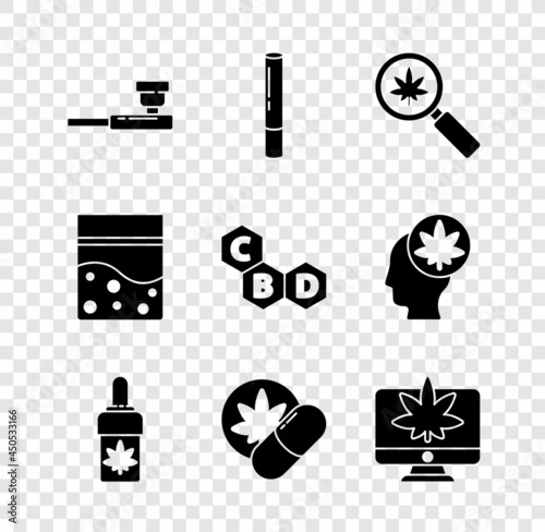 Set Smoking pipe, Marijuana joint, Magnifying glass and marijuana, or cannabis olive oil, Herbal ecstasy tablets, Monitor, Plastic bag of and Cannabis molecule icon. Vector