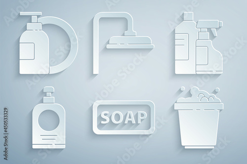 Set Bar of soap, Bottles for cleaning agent, Hand sanitizer bottle, Bucket with suds, Shower head and Dishwashing liquid plate icon. Vector