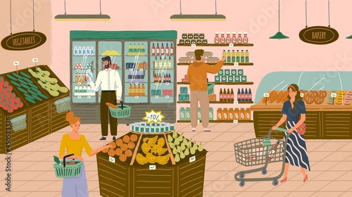 People shopping in grocery store or supermarket concept vector illustration. Organic shop with fruits and vegetables. Woman with trolley buying food. Shelves with food products and bakery