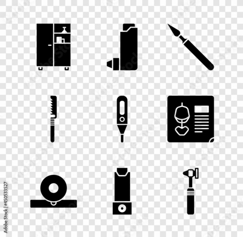 Set Medicine cabinet, Inhaler, Medical surgery scalpel, Otolaryngological head reflector, otoscope tool, saw and digital thermometer icon. Vector