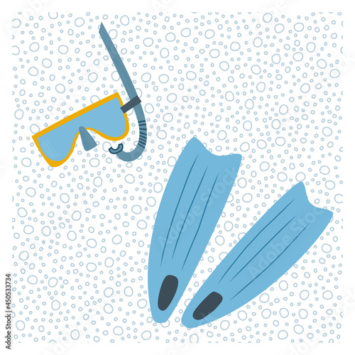 Hand drawn vector illustration of set with summer vacation water sport items snorkeling mask, swimming fins. Isolated on white background