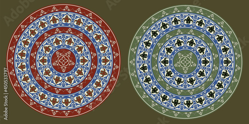Decorative round floral frameworks. Ancient Persian style. Seamless pattern brushes included.