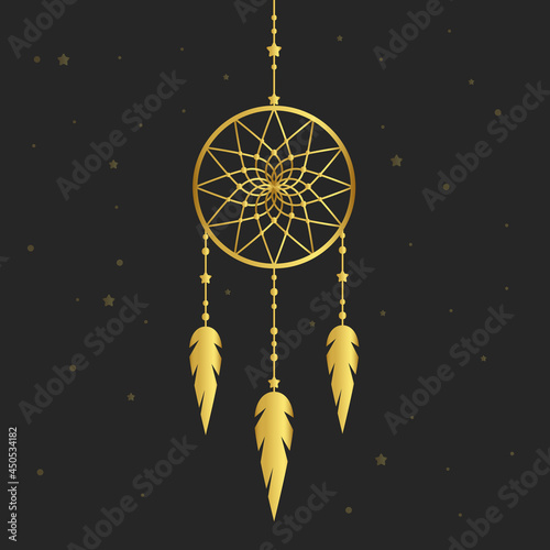 Gold Dream catcher on  black background. Indian golden dream catcher.