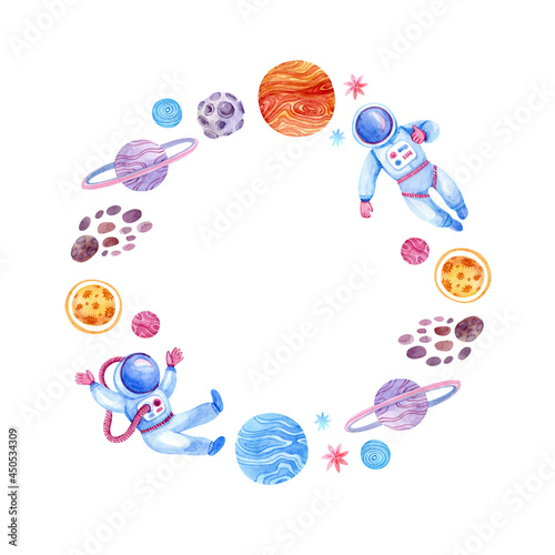 Wallpaper Mural Round watercolor frame with space (planets, stars, astronauts, meteorite, asteroid). Template with space for children's cards, greeting, invitations and more Torontodigital.ca
