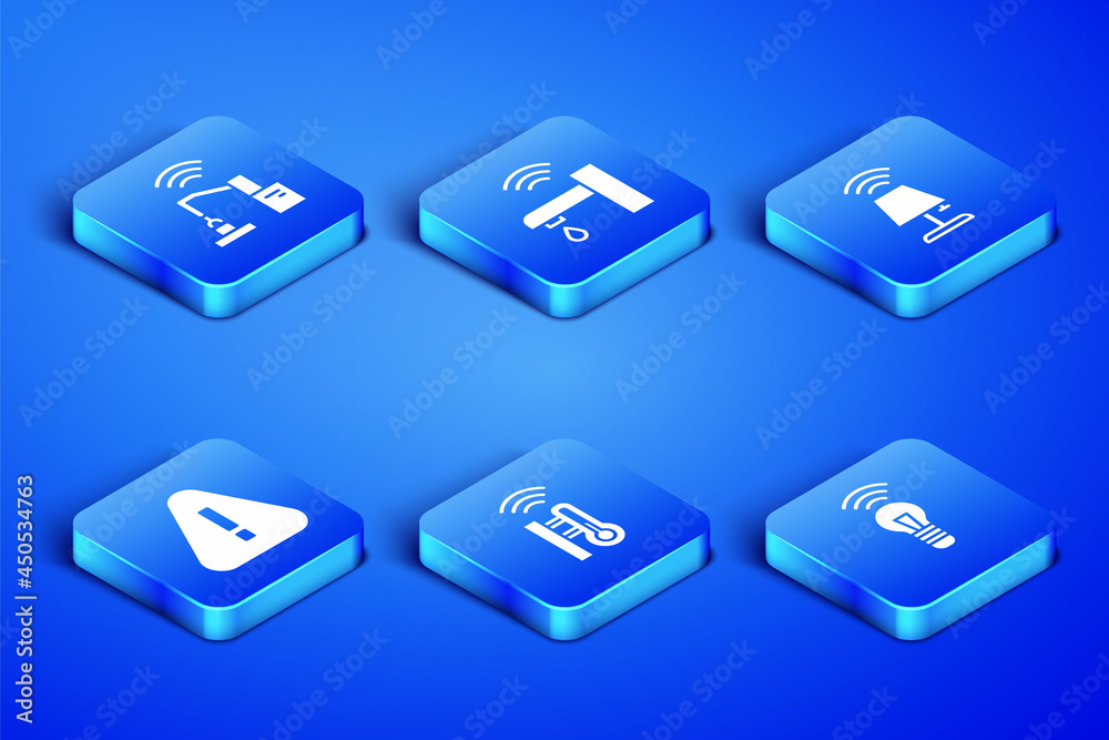 Set Smart light bulb, Robotic robot arm hand factory, thermometer, Exclamation mark in triangle, water tap and table lamp icon. Vector Set Smart light bulb, Robotic robot arm hand factory, thermometer, Exclamation mark in triangle, water tap and table lamp icon. Vector