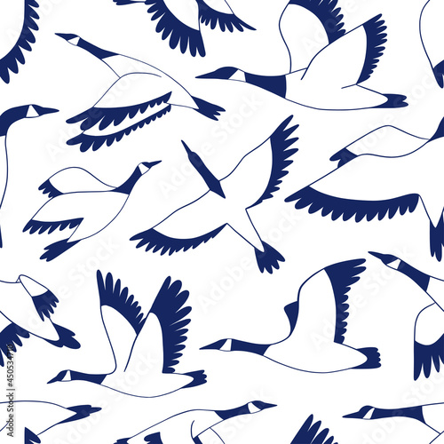 Blue outline crane seamless pattern. Traditional Japanese texture
