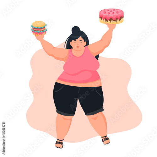 An overweight woman with an eating disorder holds a cake and a hamburger in her hands. The concept of bad eating habits, gluttony, obesity and unhealthy eating. Vector illustration