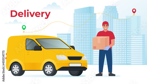 Courier with van holds a parcel on city background. Delivery man with box. Vector illustration in flat style, template for banner, landing page