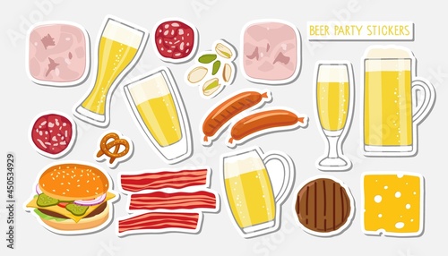 Beer party stickers for restaurant, cafe, pub. Beer mugs and snacks, sausages, bacon, nuts, burger for greeting card for Fathers day, St.Patricks day, octoberfest, birthday or beer party celebration