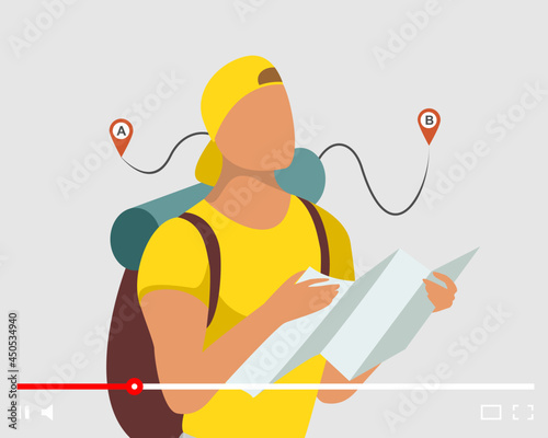 Tourist man vlogger holding map and looking route on online video player interface. Travel blog content. Male backpacker influencer searching right direction. Traveler vlog stream vector illustration