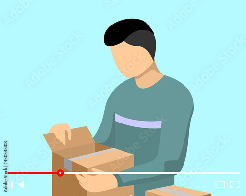 Blogger man parcel unpacking content on online video player interface. Vlogger unboxing cardboard purchase web streaming. Product review live stream. Male influencer broadcast channel eps illustration