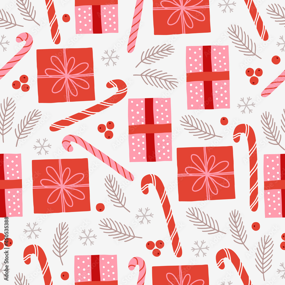 Fototapeta premium Christmas seamless pattern with gift, snow, fir branches, candy cane