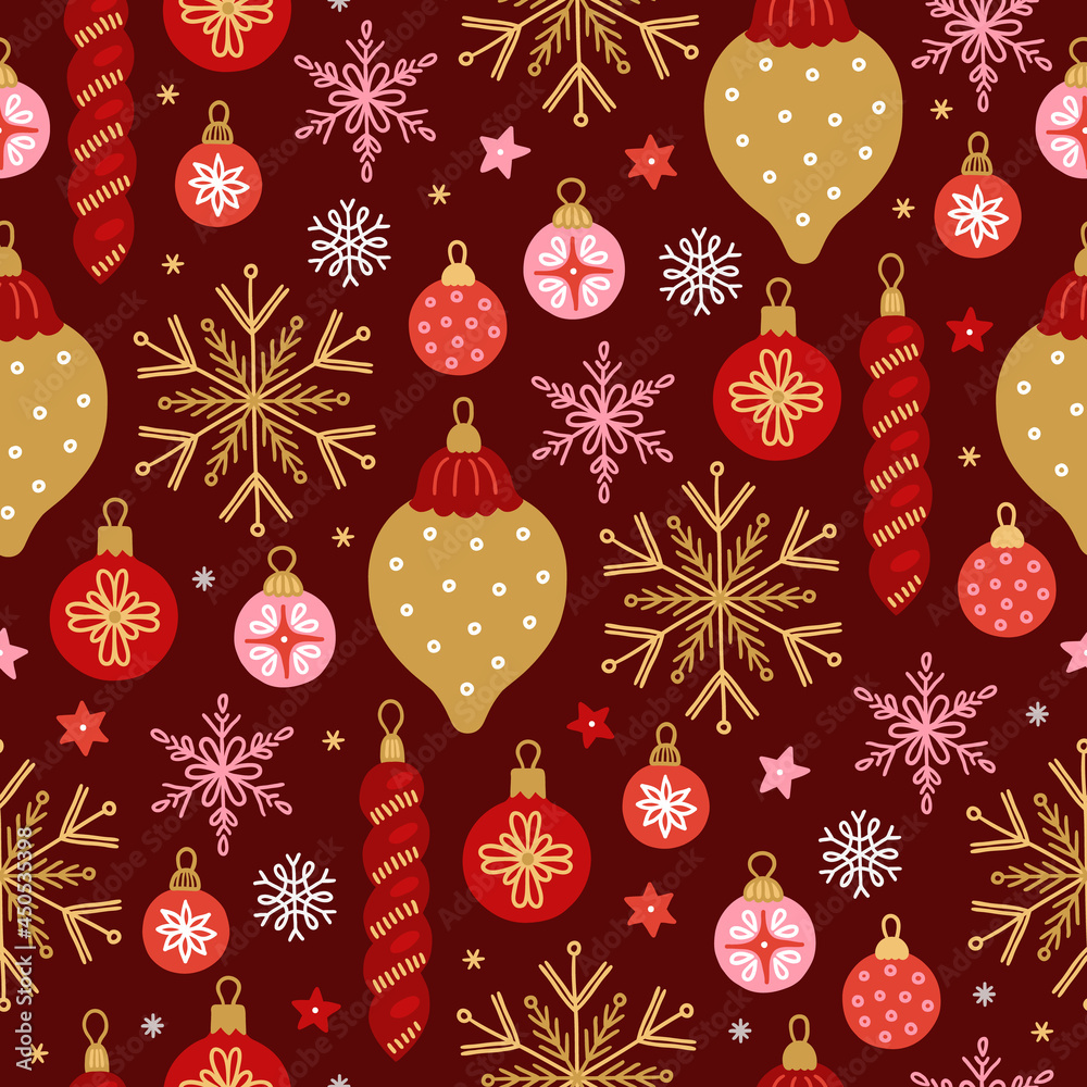 Christmas seamless pattern with balls, baubles, snowflakes, stars. Scandinavian style