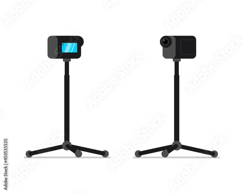 Action camera on monopod stand front and back view set. Mobile HD 4K camcorder on rack. Video blogger equipment stationary holder. Professional stable vlogger device. Vector isolated illustration