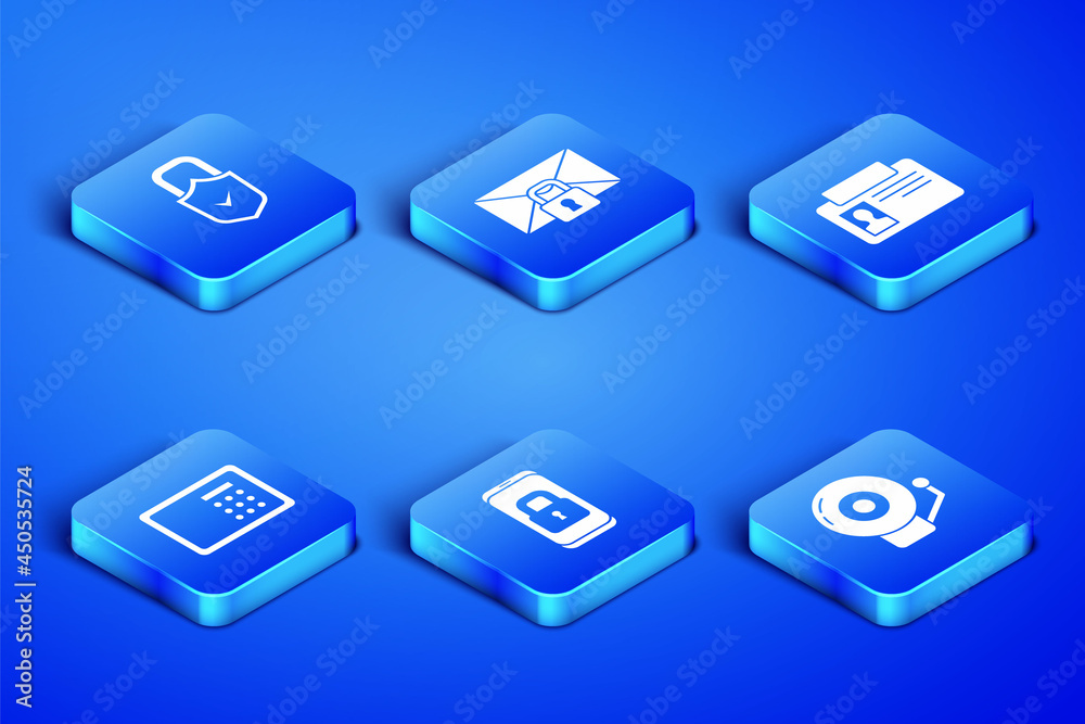 Set Ringing alarm bell, Lock and check mark, Mobile with closed padlock, Safe, Mail message password and Identification badge icon. Vector Set Ringing alarm bell, Lock and check mark, Mobile with closed padlock, Safe, Mail message password and Identification badge icon. Vector