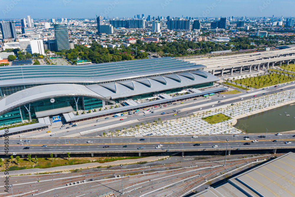 Aerial view of Bang Sue Grand Station Bangkok Thailand. Expressway, Trains and high-speed trains And Road traffic an important infrastructure.
