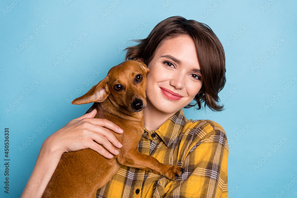 Photo of charming pretty cheerful girl cuddle dachshund pet friend wear checkered plaid shirt isolated blue color background Photo of charming pretty cheerful girl cuddle dachshund pet friend wear checkered plaid shirt isolated blue color background