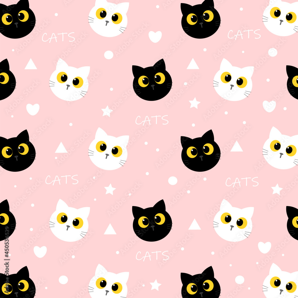 Seamless pattern with cute black cat and cute white cat. Creative childish pink texture. Great for fabric, textile Vector Illustration