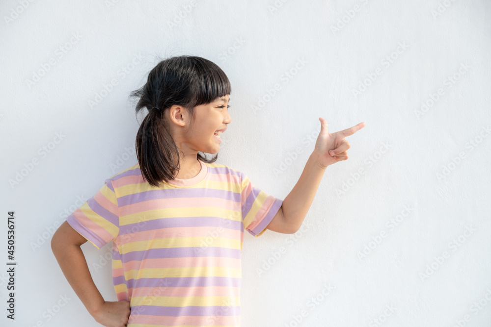 Look There. Student Girl Pointing Fingers At Copy Space Over White Background. Look There. Student Girl Pointing Fingers At Copy Space Over White Background.
