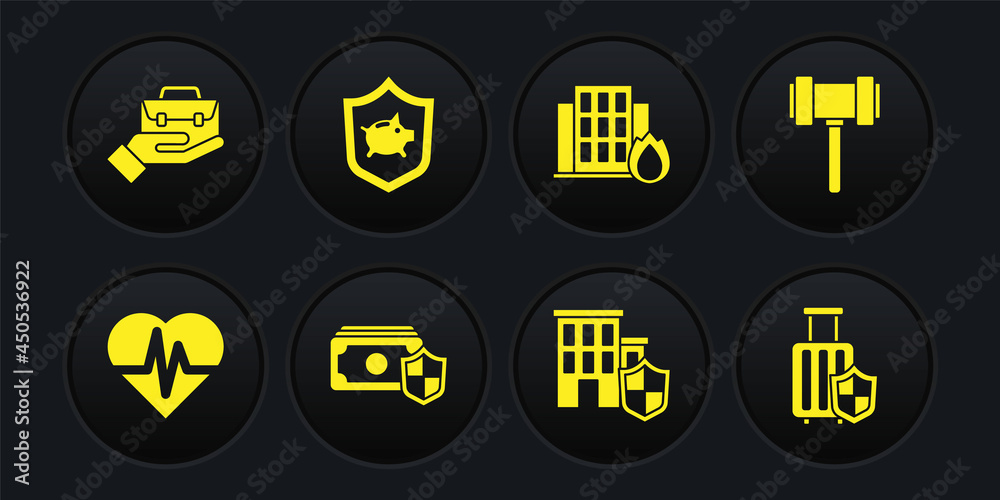 Set Health insurance, Judge gavel, Money with shield, House, Fire burning house, Piggy bank, Travel suitcase and Hand holding briefcase icon. Vector Set Health insurance, Judge gavel, Money with shield, House, Fire burning house, Piggy bank, Travel suitcase and Hand holding briefcase icon. Vector