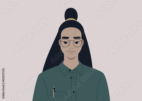 A young female Asian character wearing a button down shirt and metal frames, a smart casual office dress code