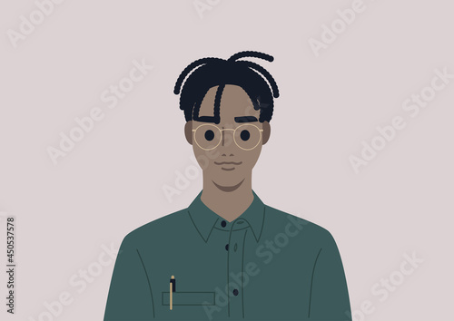 A young male Black character wearing a button down shirt and metal frames, a smart casual office dress code