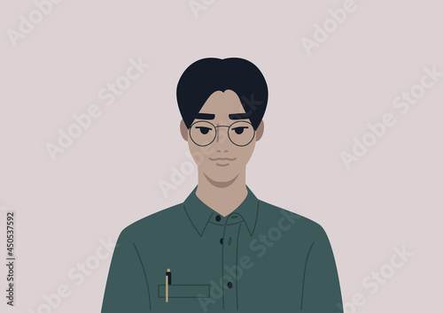 A young male Asian character wearing a button down shirt and metal frames, a smart casual office dress code