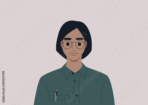 A young female character wearing a button down shirt and metal frames, a smart casual office dress code
