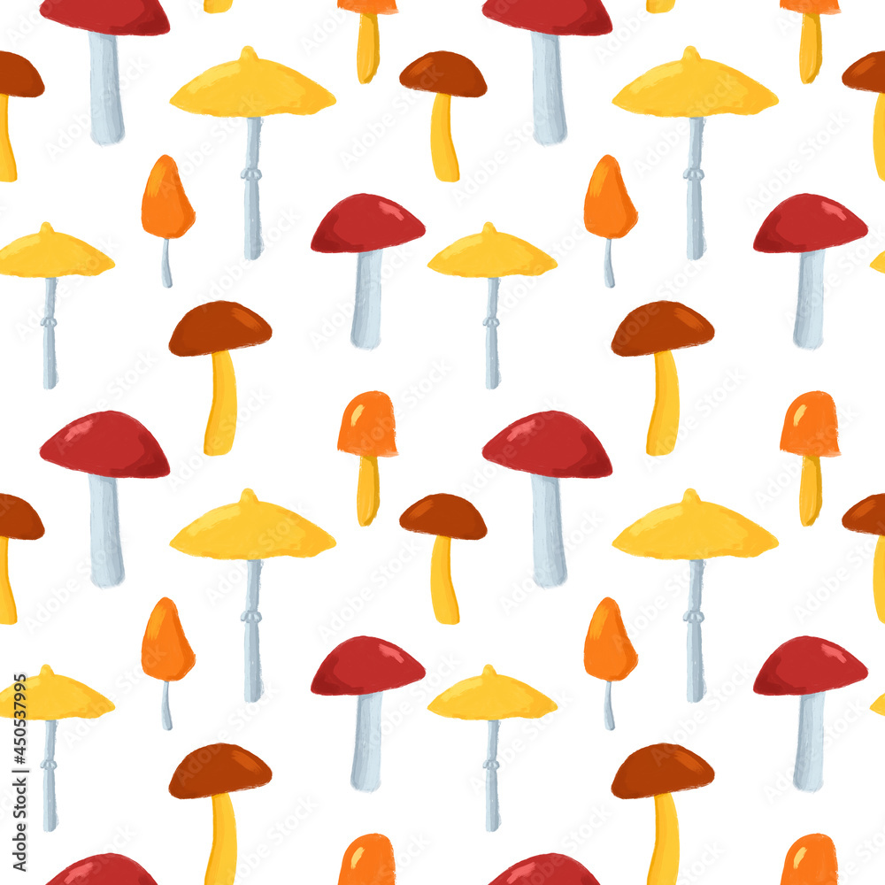 Cute mushrooms seamless pattern. Hand drawn mushrooms on white background repeat print. Autumn background for textile, fabric, wallpaper, wrapping paper, design and decoration.