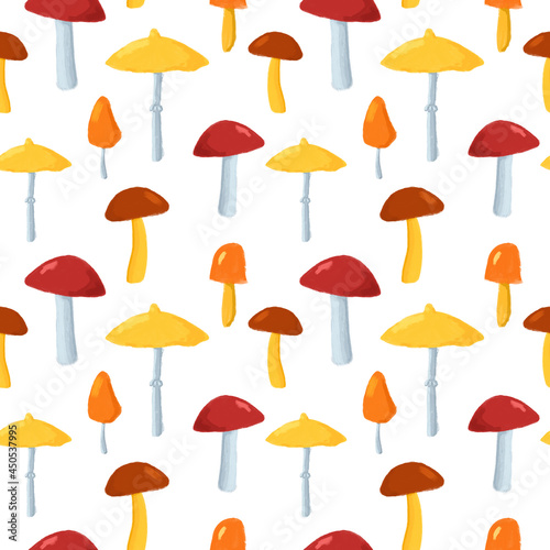 Cute mushrooms seamless pattern. Hand drawn mushrooms on white background repeat print. Autumn background for textile, fabric, wallpaper, wrapping paper, design and decoration.