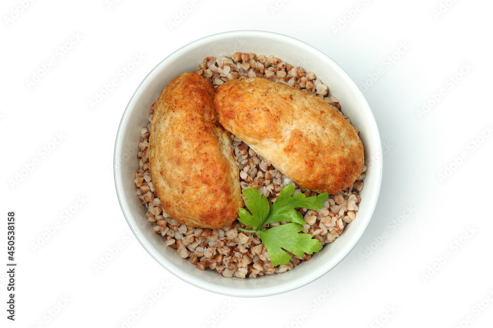 Bowl with cutlets, buckwheat and parsley isolated on white background Bowl with cutlets, buckwheat and parsley isolated on white background