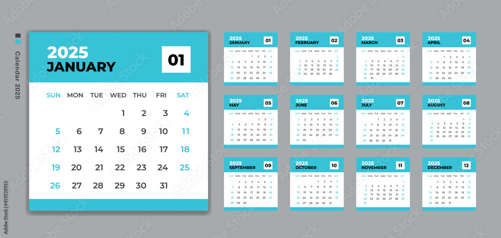 Calendar 2025 template vector, Desk Calendar design, Wall calendar, Week Starts on Sunday. Set of 12 Months, planner 2025 template, Blue background Calendar 2025 template vector, Desk Calendar design, Wall calendar, Week Starts on Sunday. Set of 12 Months, planner 2025 template, Blue background