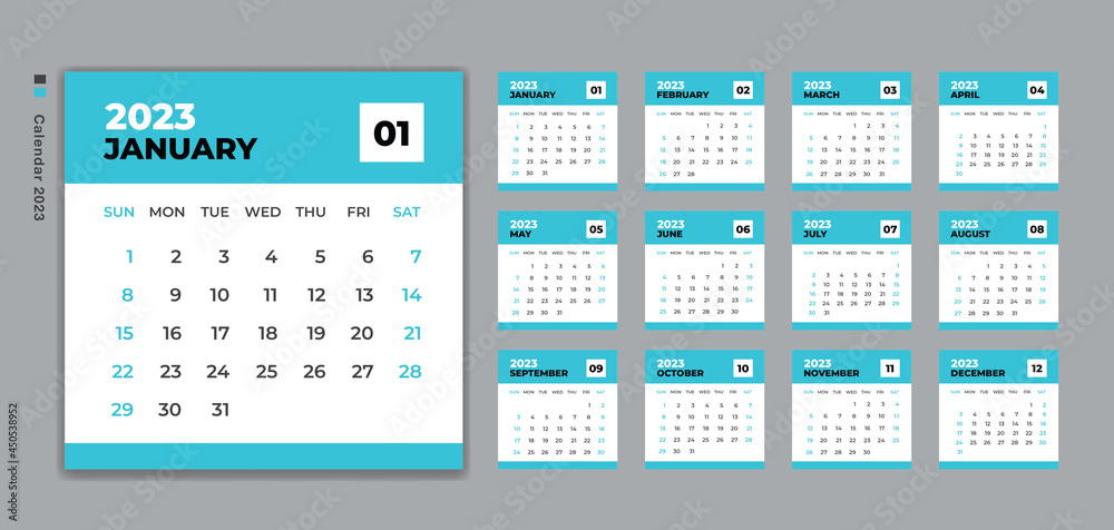 Calendar 2023 template vector, Desk Calendar design, Wall calendar, Week Starts on Sunday. Set of 12 Months, planner 2023 template, Blue background Calendar 2023 template vector, Desk Calendar design, Wall calendar, Week Starts on Sunday. Set of 12 Months, planner 2023 template, Blue background