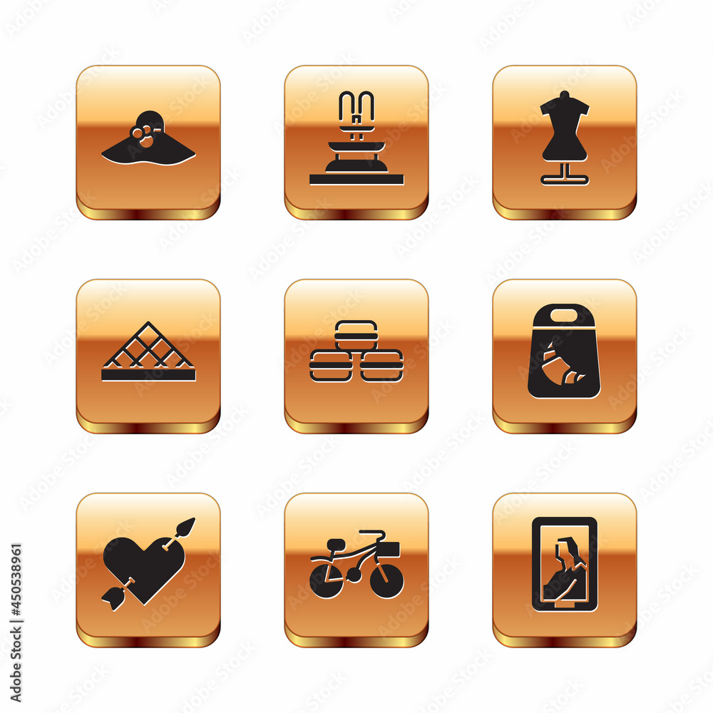 Set Elegant women hat, Amour with heart and arrow, Bicycle, Macaron cookie, Louvre museum, Mannequin, Portrait and Fountain icon. Vector Set Elegant women hat, Amour with heart and arrow, Bicycle, Macaron cookie, Louvre museum, Mannequin, Portrait and Fountain icon. Vector