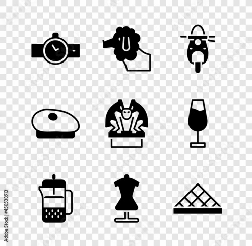 Set Wrist watch, Poodle dog, Scooter, French press, Mannequin, Louvre museum, beret and Gargoyle on pedestal icon. Vector